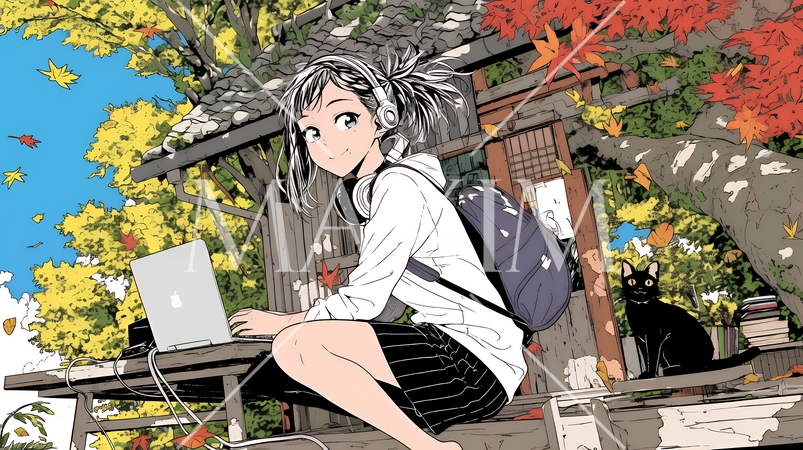 美しい紅葉の中でもPCを手放せない若い女性