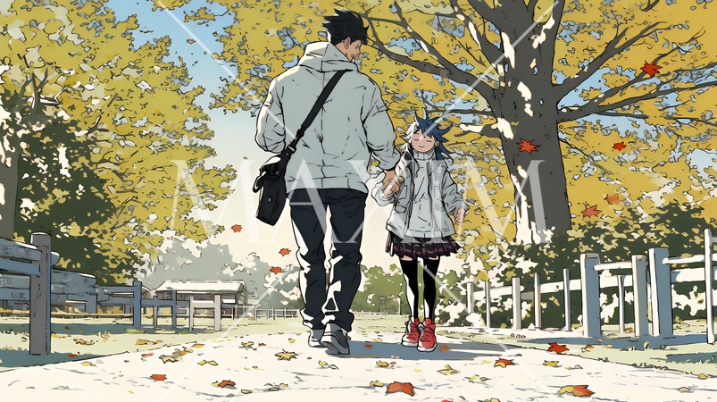 紅葉の小径を仲良く歩く少女と父親