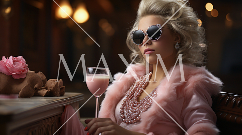 オネエ系のおっちゃんが豪華な真珠のネックレスをしてピンク色のカクテルを飲んでいる