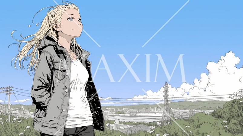 遠くの空を見つめている若い女性