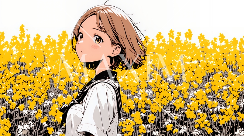 春風の中、菜の花畑にいる制服姿の女子高生