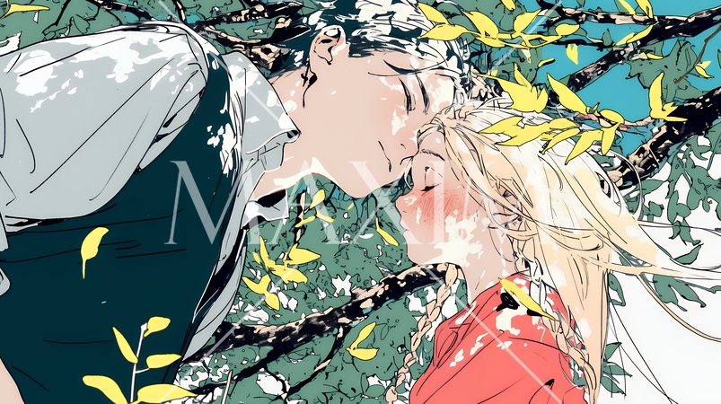 秋の紅葉の下でキスをしている若い恋人たち