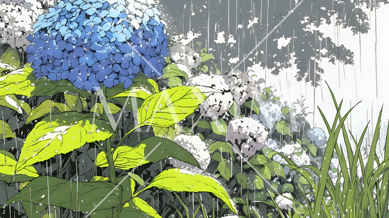 満開のアジサイと梅雨の雨