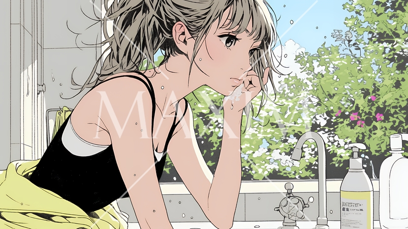 洗面所で朝の洗顔をする女性