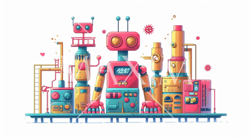 ロボティクスとAI：ロボット工場、人工知能の開発。