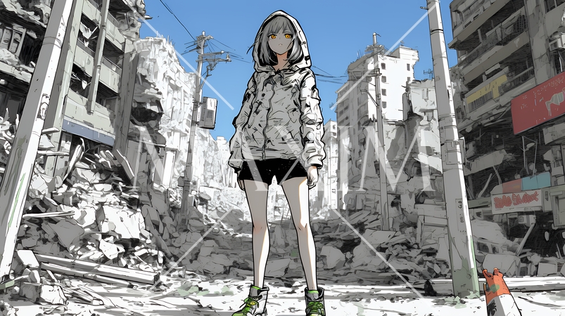 震災や空爆などで破壊された街で孤独に立ちすくむ若い女性