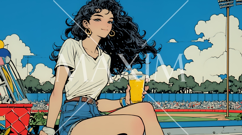 野球などの屋外スポーツを観戦しながら、ビールを楽しむ若い女性。