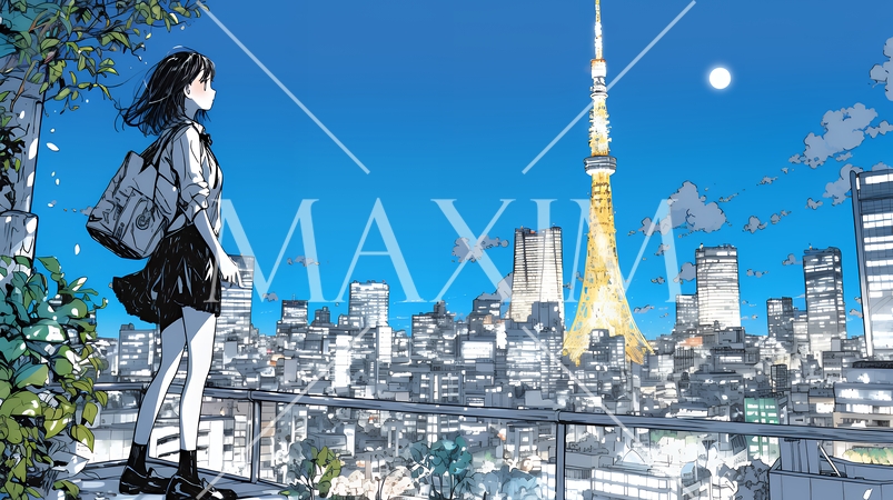 高層ビル群を見下ろすキャリア女性