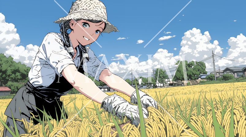 田んぼで農作業をしている女性