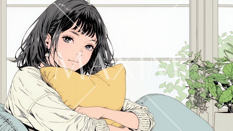 ソファでクッションを抱えてくつろぐ若い女性