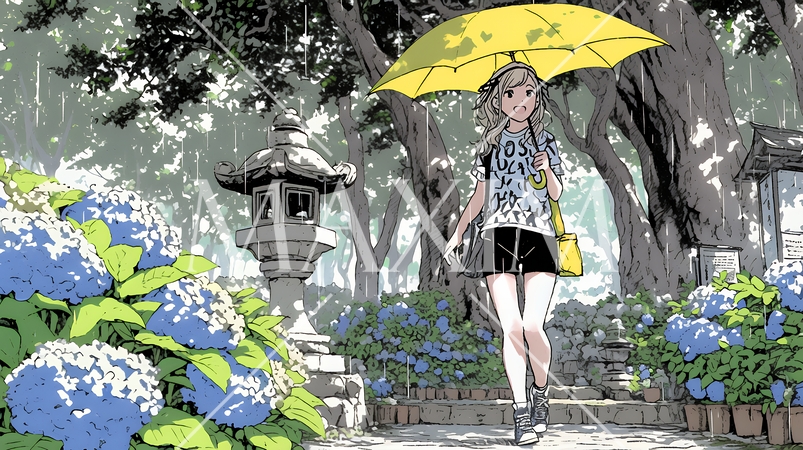 あじさいとカジュアルな服装の若い女性