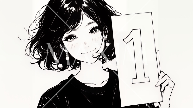 数字の「1」を掲げている若い女性（シンプルな色使い）
