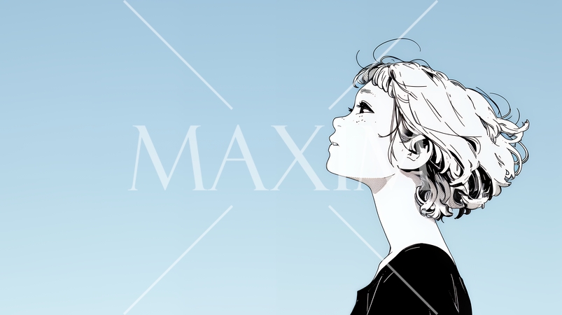 ぼんやり空を見上げている若い女性（シンプルな色使い）