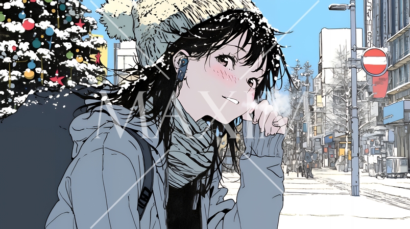 ホワイトクリスマスの街を歩く若い女性