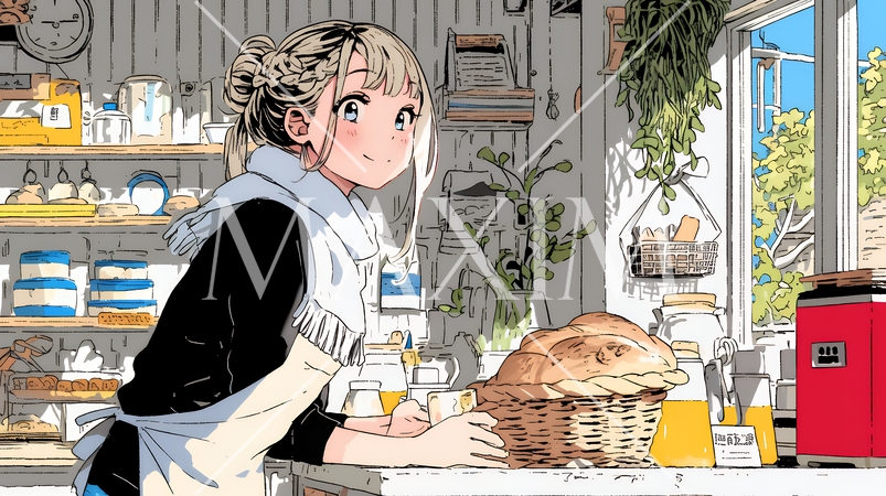 近所のパン屋で焼きたてパンを買う若い女性