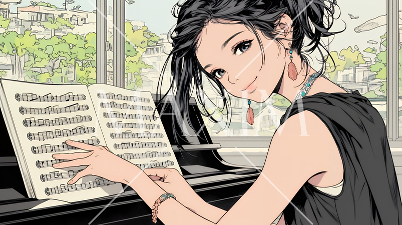 ピアノを弾いている若い女性