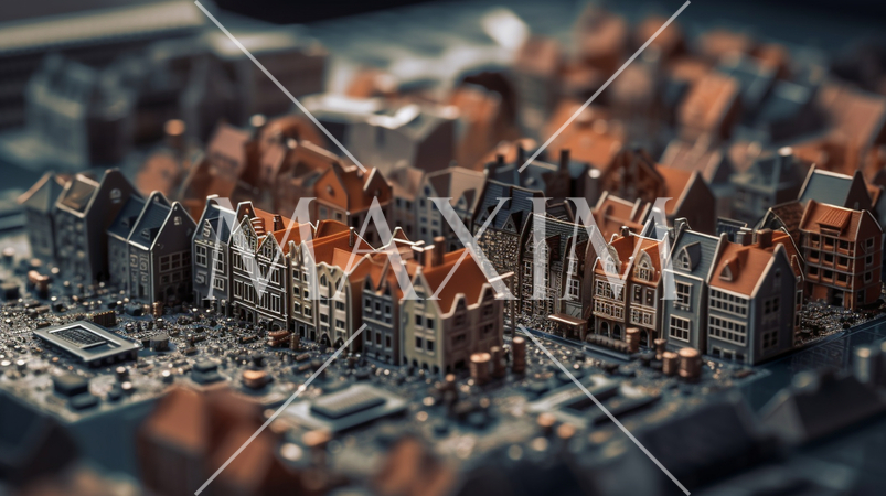 コンピュータ基板を擬似的に街並みに見立てたイメージ背景画像：精緻CG画像