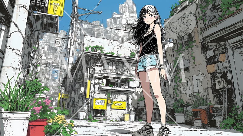 都会の治安の悪そうな場所にいる若い女性