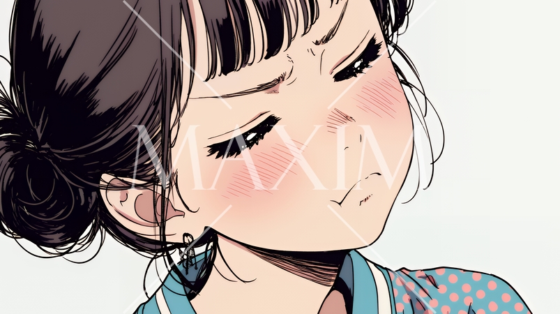 口と顔を歪めて嫌な感情を表している若い女性