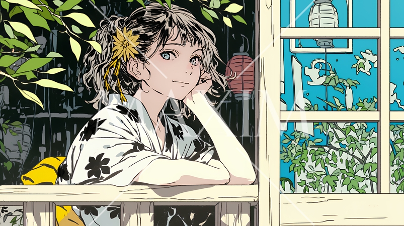 浴衣姿で夕涼みをしている若い女性