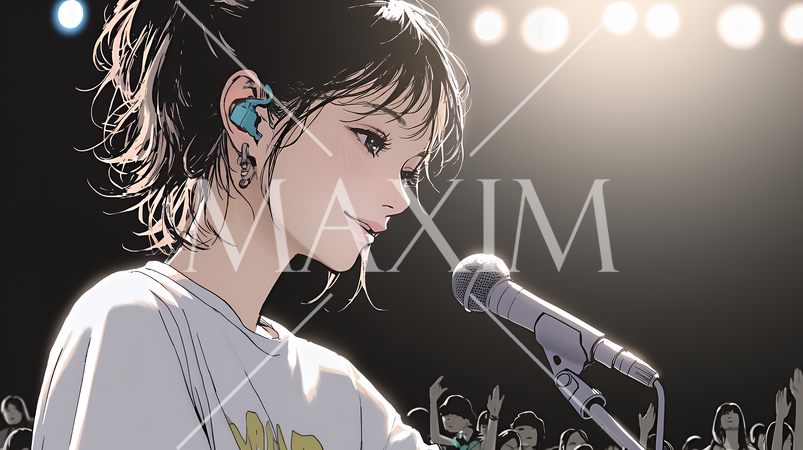 ステージでマイクを握り、情熱的に歌い上げる女性