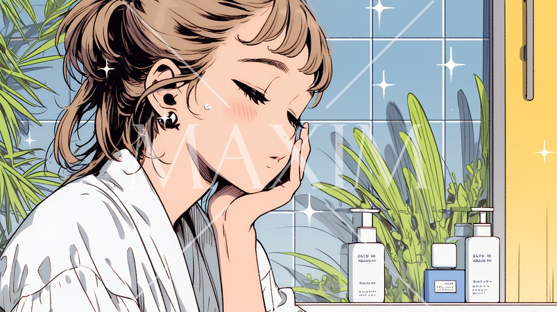 スキンケアを念入りに行う若い女性