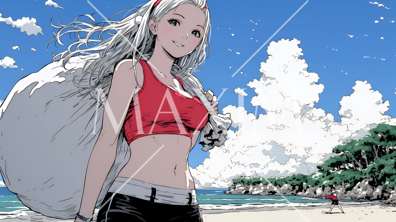 真夏（南半球）のビーチで活動中の女性のサンタクロース