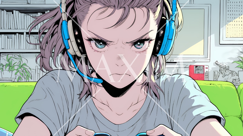 対戦型テレビゲームに没頭している若い女性