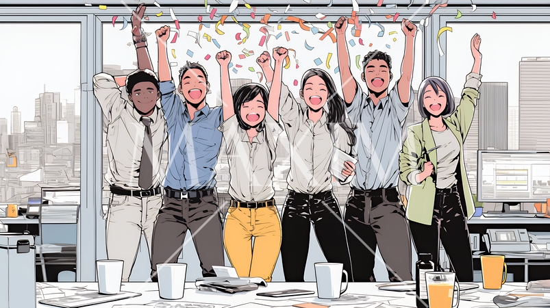 プロジェクト成功を喜ぶスタートアップチーム｜オフィスで大喜びするビジネスパーソン