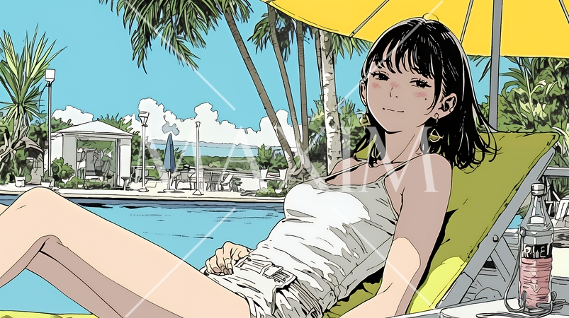 プールサイドのデッキチェアでくつろぐ若い女性｜夏のリゾートとリラックスライフスタイルイメージ