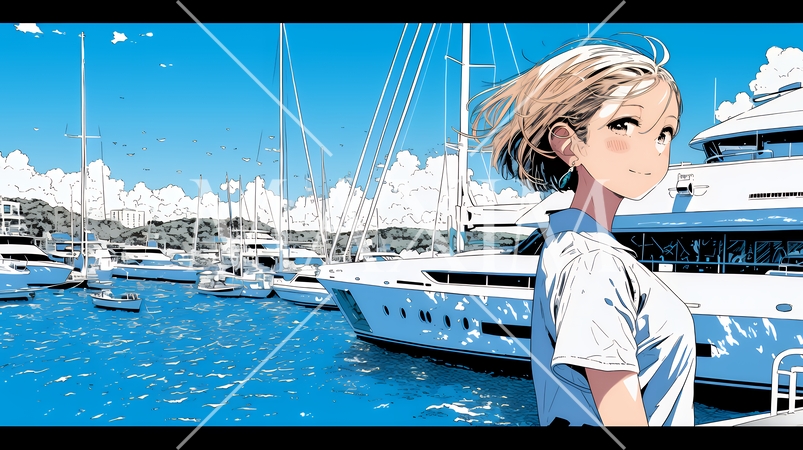 沖縄のヨットハーバーに立つ若い女性