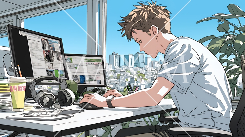 職場のデスクでパソコンに向かって仕事をしているビジネスマン