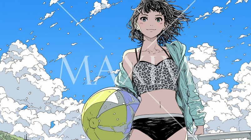 南国の海岸にビキニ姿でいる若い女性