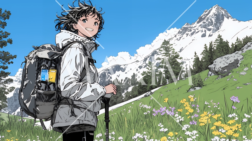 ソロハイキング（ソロ登山）を楽しんでいる若い女性