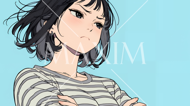 眉をひそめている女性：腕を組んで不安そうに立っている女性