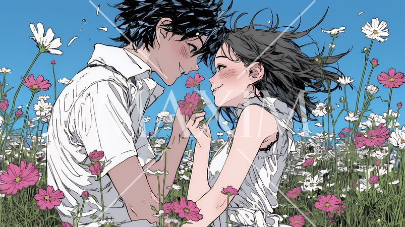 コスモス畑でデートをしている若いカップル