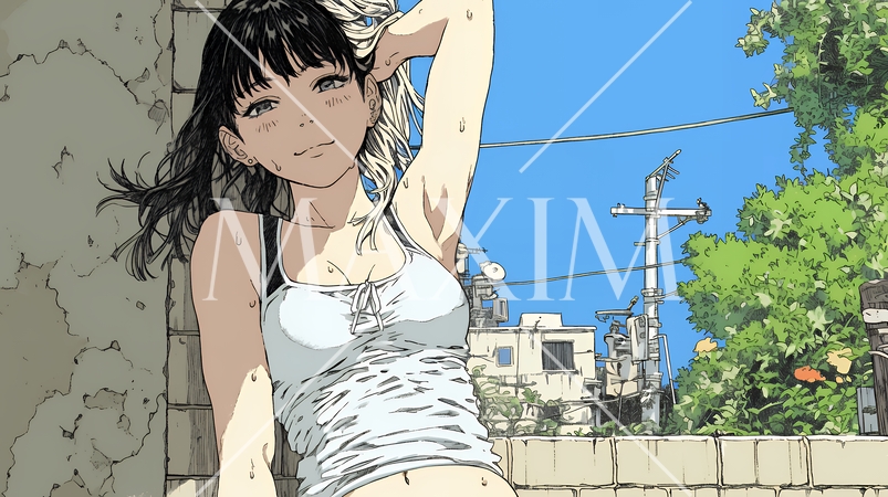 強烈な日差しでヘトヘト状態の女性（シンプルな色使い）