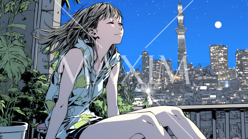 ベランダで夜風に当たりながら都会のランドスケープを眺め休む若い女性