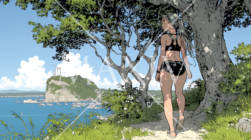 沖縄の海岸に続く山道をビキニ姿で一人で歩く若い女性