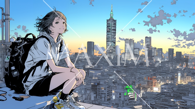 夕暮れ（朝の）都市のランドスケープを眺めている若い女性