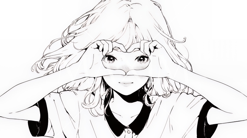 ハートマークを手で作り愛情表現をしている若い女性（シンプルな色使い）