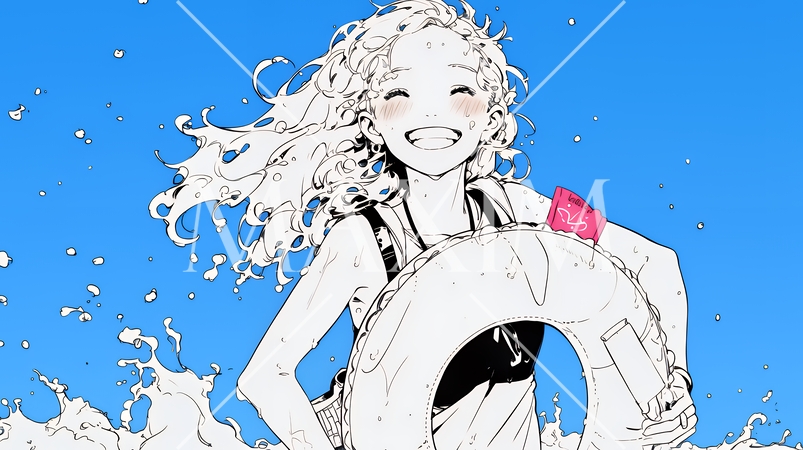 夏休みの思い出：友達と海水浴に行く（シンプルな色使い）