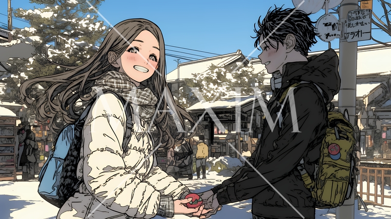 バレンタインディのチョコを男性に渡そうとしている若い女性