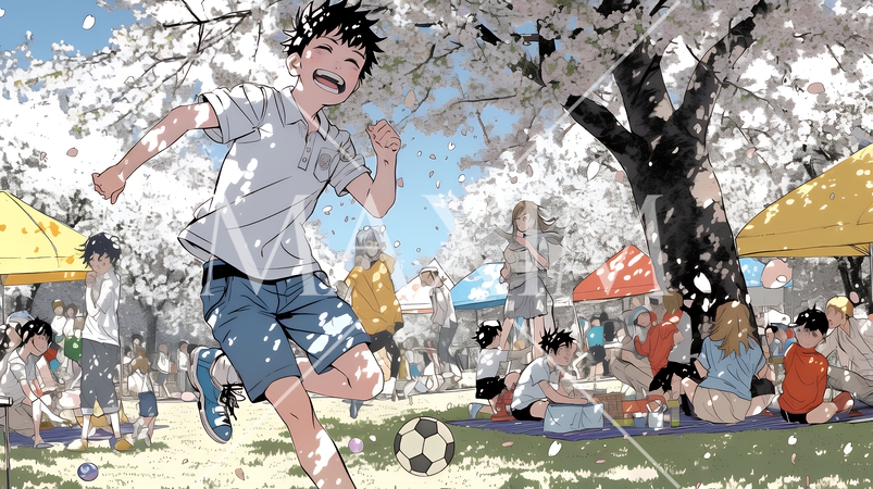 満開の桜の木の下で遊ぶ子供たち