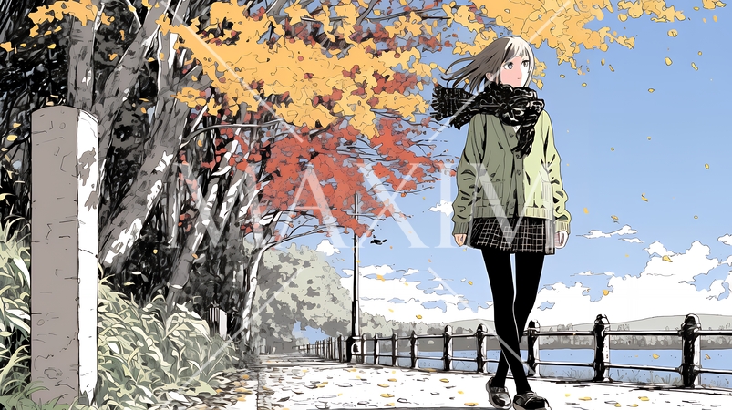 水辺の紅葉の小径を散策している若い女性