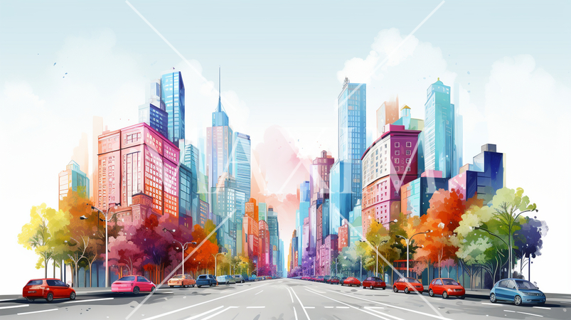 ビルが建ち並ぶ都市の外観イメージの水彩画