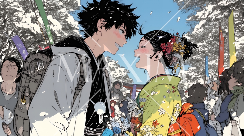 初詣をしている若い恋人カップル