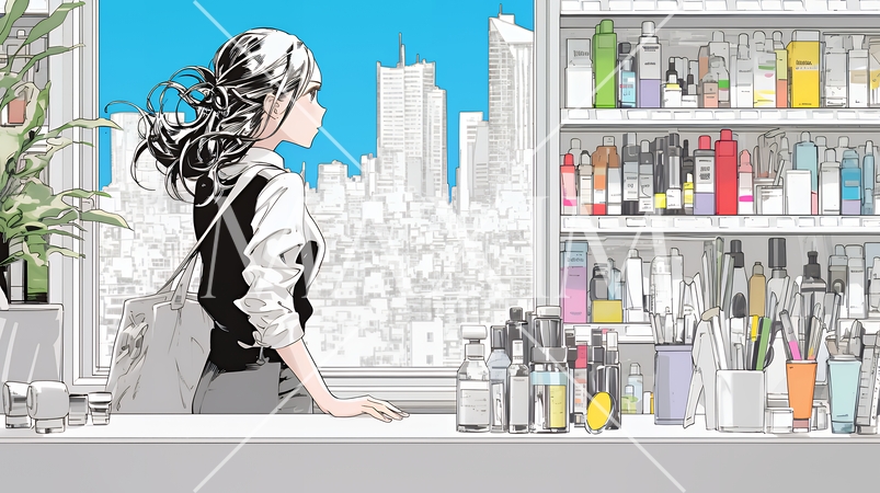 ドラッグストアでコスメを選ぶ若い女性