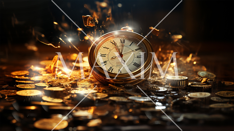 時は金なり：金貨の中に埋もれる文字盤の狂った時計で表現