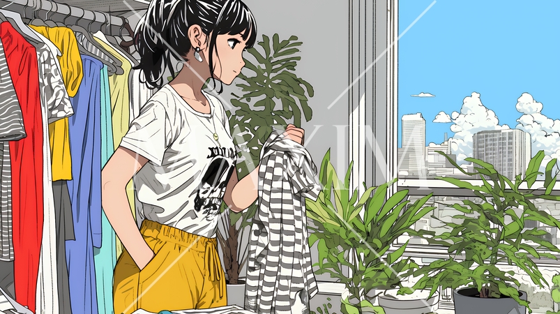 着ていく服をクローゼットから選ぶ若い女性